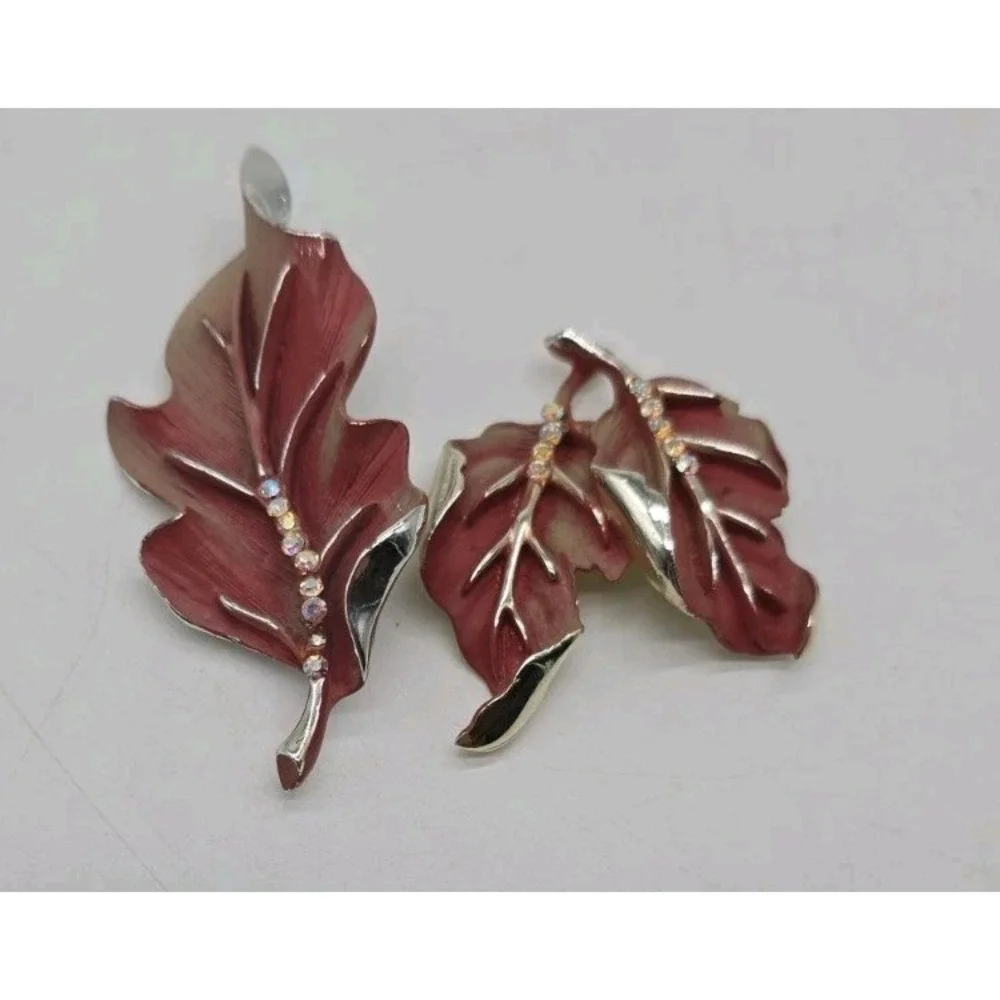 Vintage BSK Enamel Rhinestone Leaf Brooch Pins Set Burgundy Mid Century Fall